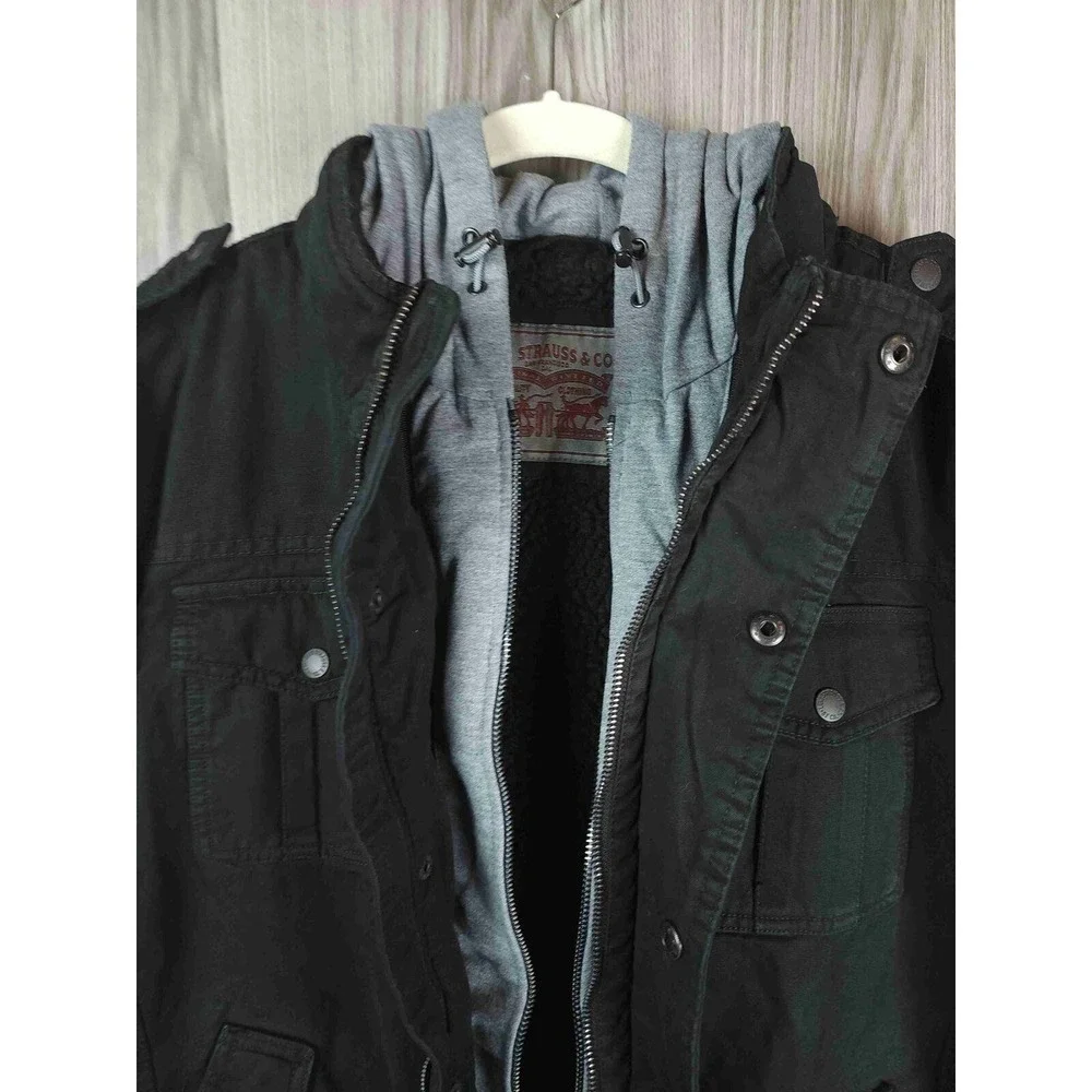 Levis Mens Sherpa Lined Field Jacket with Hood Black Canvas Military Coat